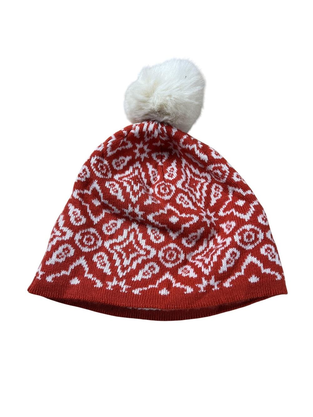 Vera Bradley Beanie Womens One Size Red Lined Faux Fur Pom Pom Geometric Knit